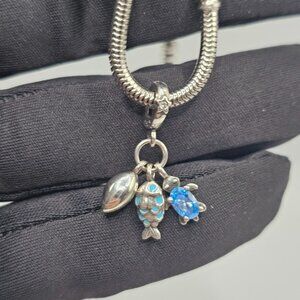 SILVER 925 SHELL, FISH, AND BLUE TURTLE CZ CHARM